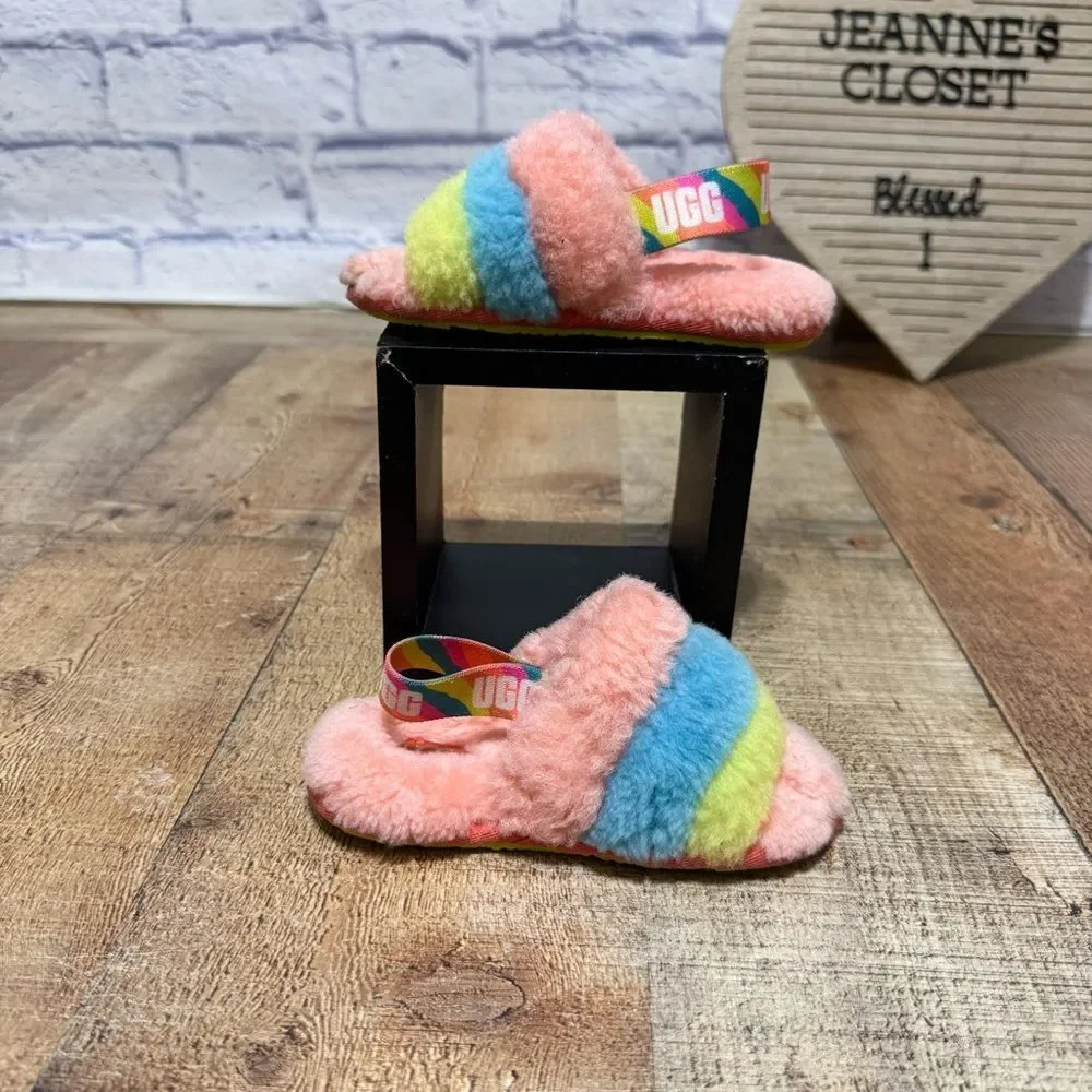 UGG FLUFF YEAH SLIDE LITTLE KID SIZE 8 PEACH BLISS MULTI SLINGBACK WOOL SANDAL